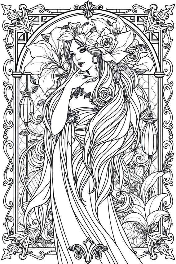 Dame aux fleurs2 style Alphonse Mucha
