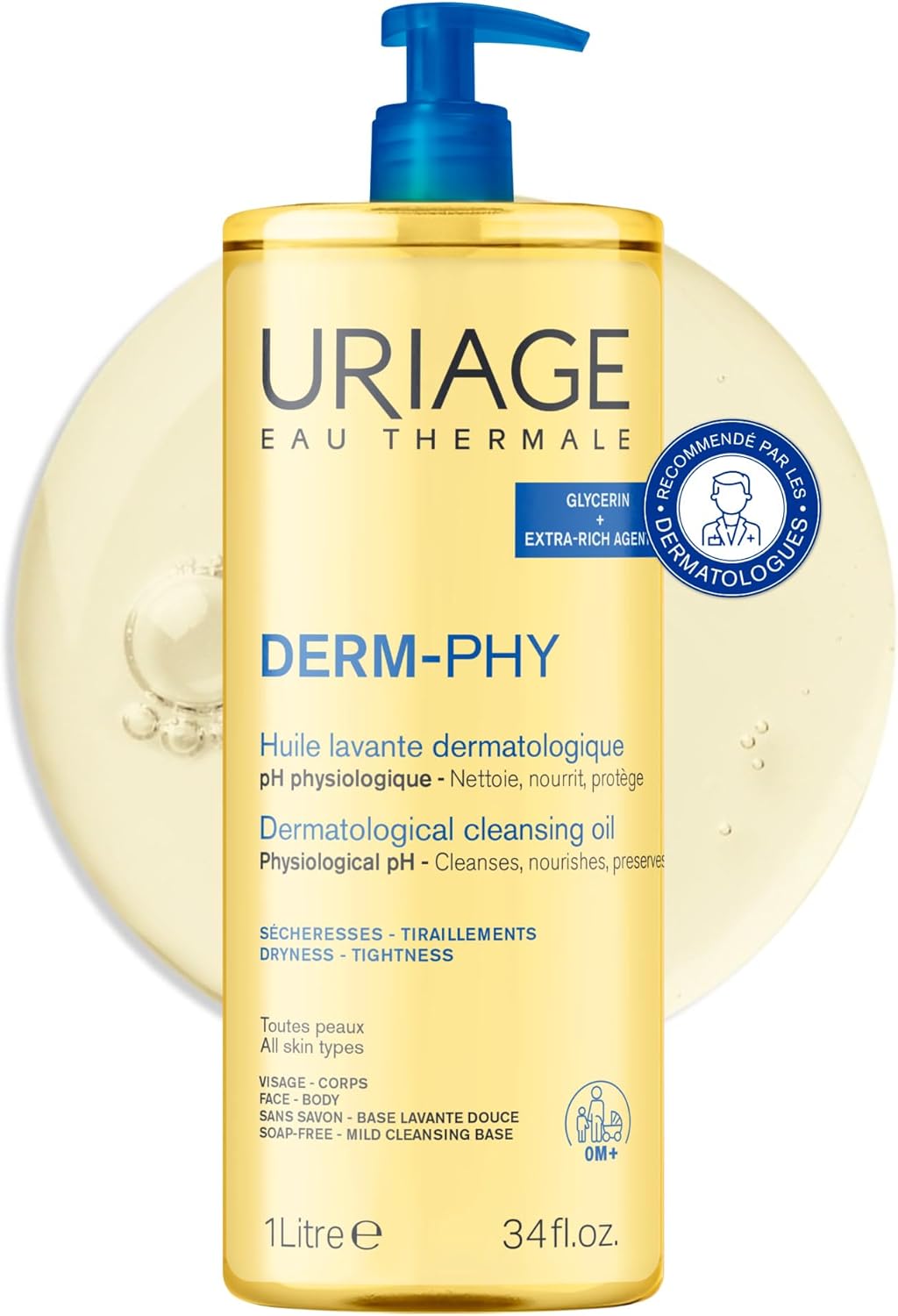 Uriage Huile de Douche Moussante 1L - Peaux Sèches et Sensibles
