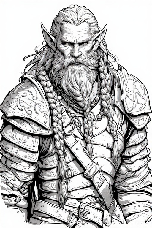 Dessin au trait noir et blanc d'un vieux guerrier elfe barbu avec des cheveux longs, des oreilles pointues et un regard intense. Il porte une armure détaillée avec des épaulettes, des ceintures à boucles et des colliers. Style graphic novel pour coloriage adulte