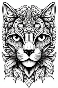 Illustration noir et blanc d'un visage de chat ornemental : médaillon mandala floral sur le front, fourrure en feuilles superposées, yeux perçants et moustaches, style tatouage sur fond blanc